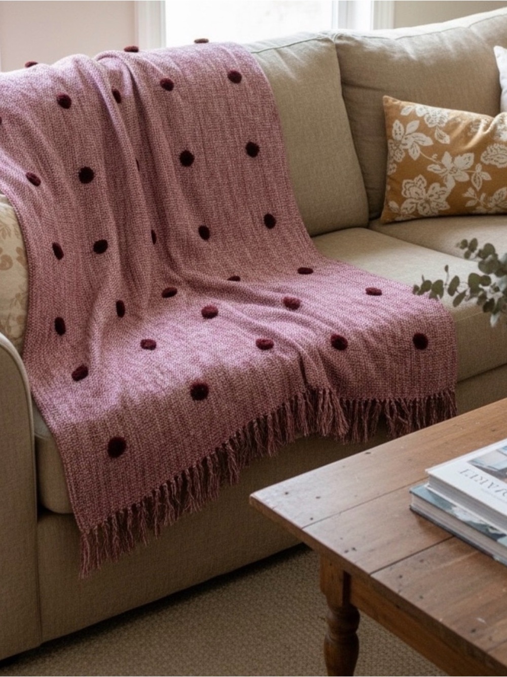 Anthropologie Polka Dot Pom Throw Blanket Red 60 x 70